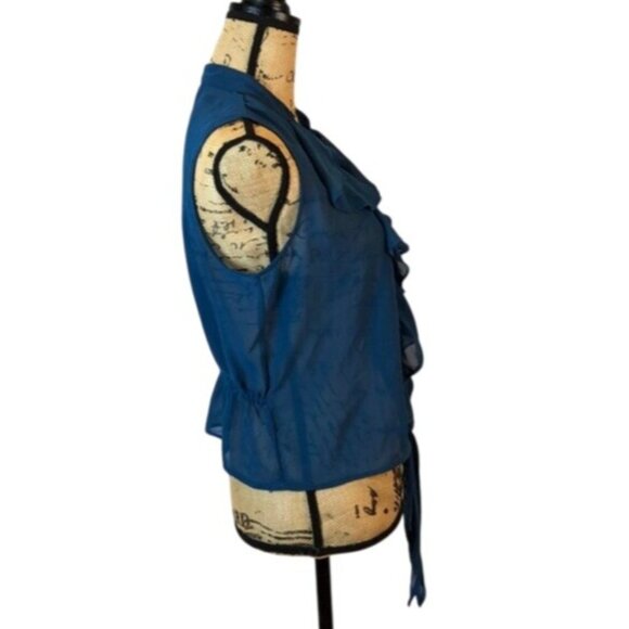 Vintage Mine Blue Sheer Ruffled Sleeveless Blouse Medium - Picture 3 of 5